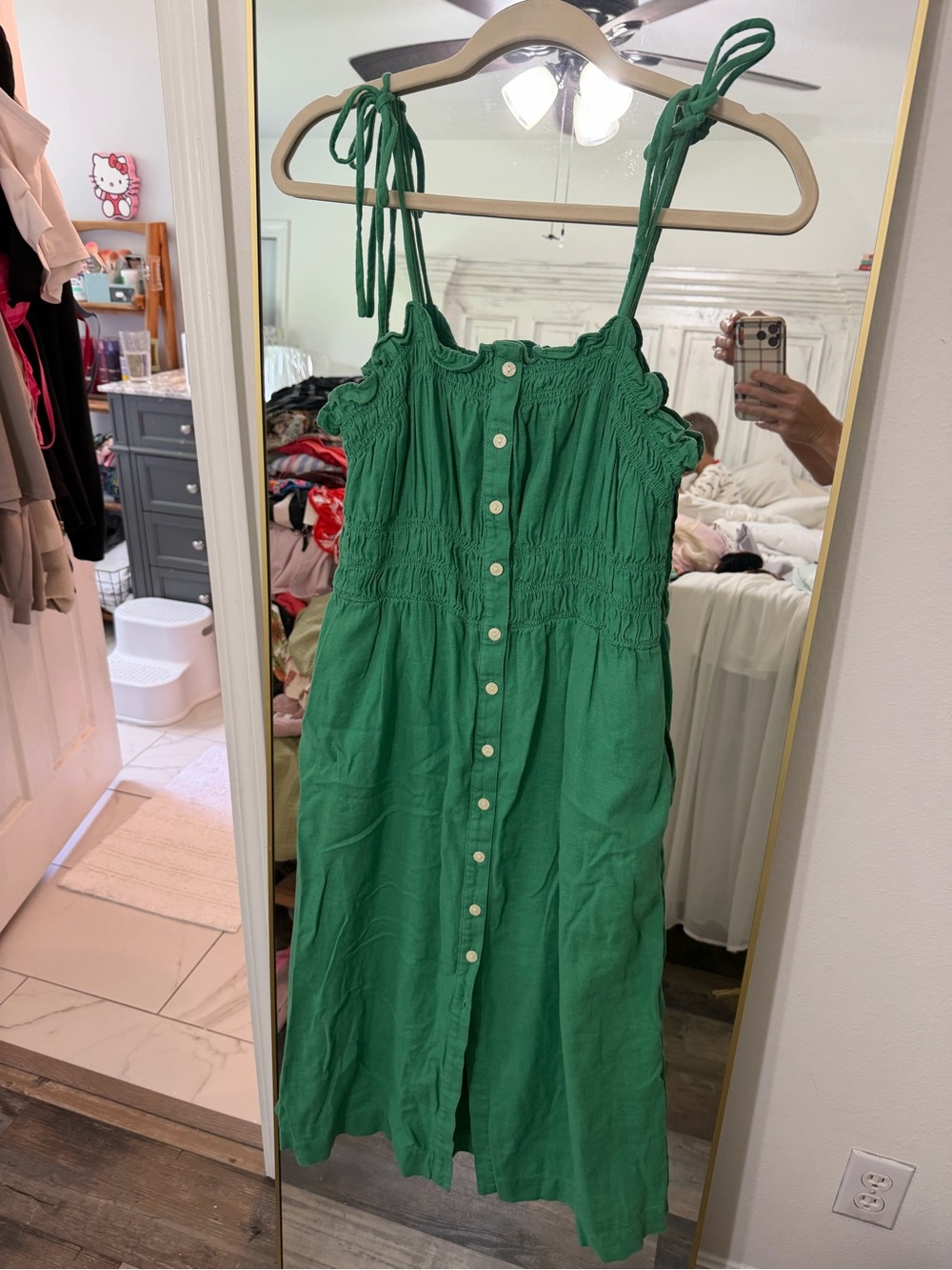 Universal Thread Green Button-Front Midi Sundress with Tie Straps